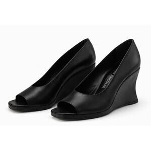 Vintage 90s Enzo Angiolini Black Leather Wedge Heels Square Toe Minimalist 8.5